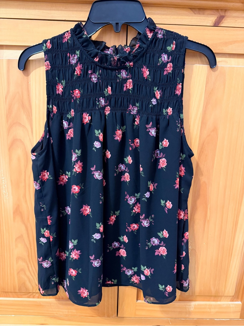 Banana Republic Sleeveless Black Floral Smocked Top